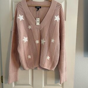 Express V-Neck Pink Sweater with White Stars